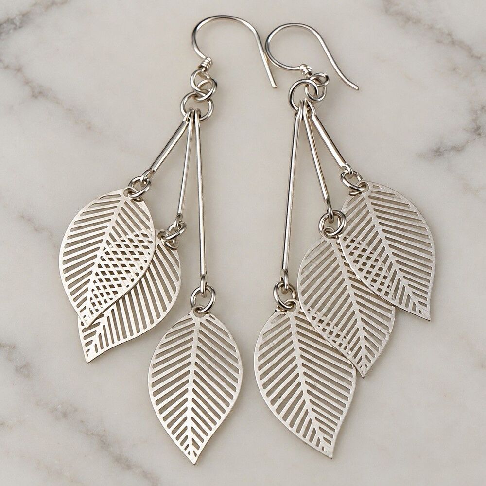 Silver Stainless Steel Leaf Dangle Earrings Filagree Super Lightweight Long Boho